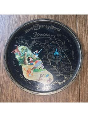 Vintage Walt Disney World Tin Metal Round Tray Plate Black 1970's Florida